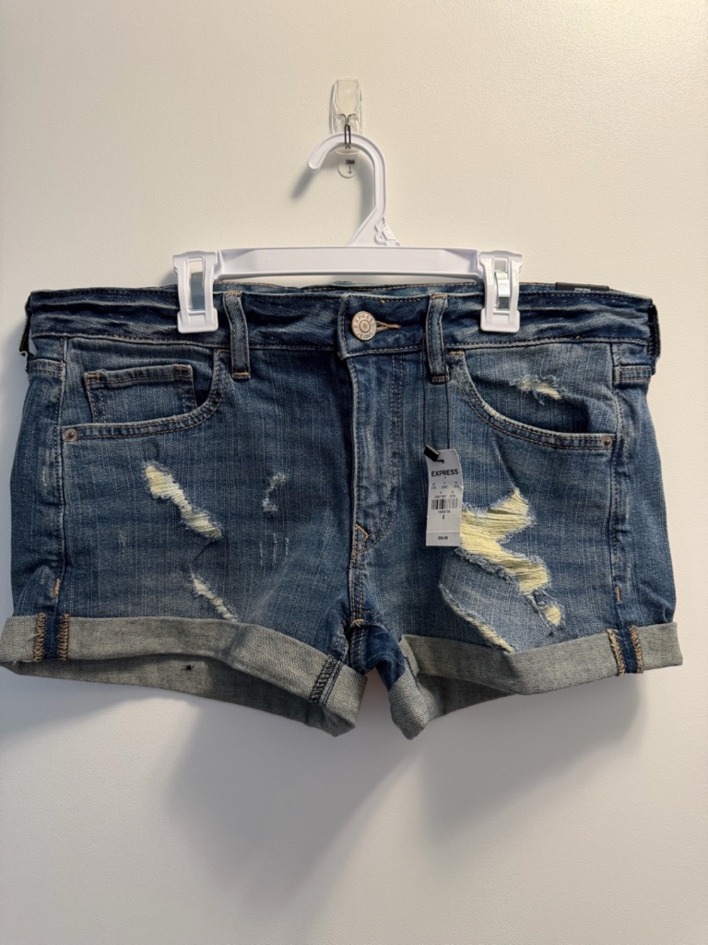 Express Womens Distressed Denim Roll-Cuff Shortie Shorts